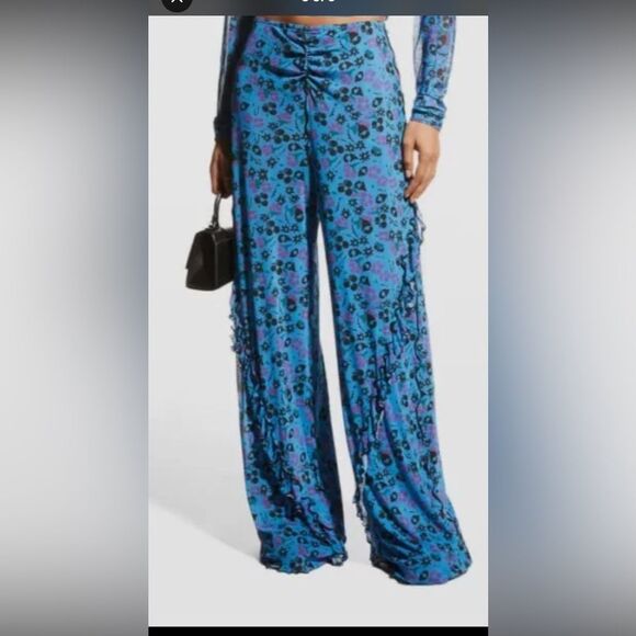 Anna Sui Womens Blue Ruffle Trim Field Flower Pants M Boho Festival Wide Leg - Picture 3 of 11